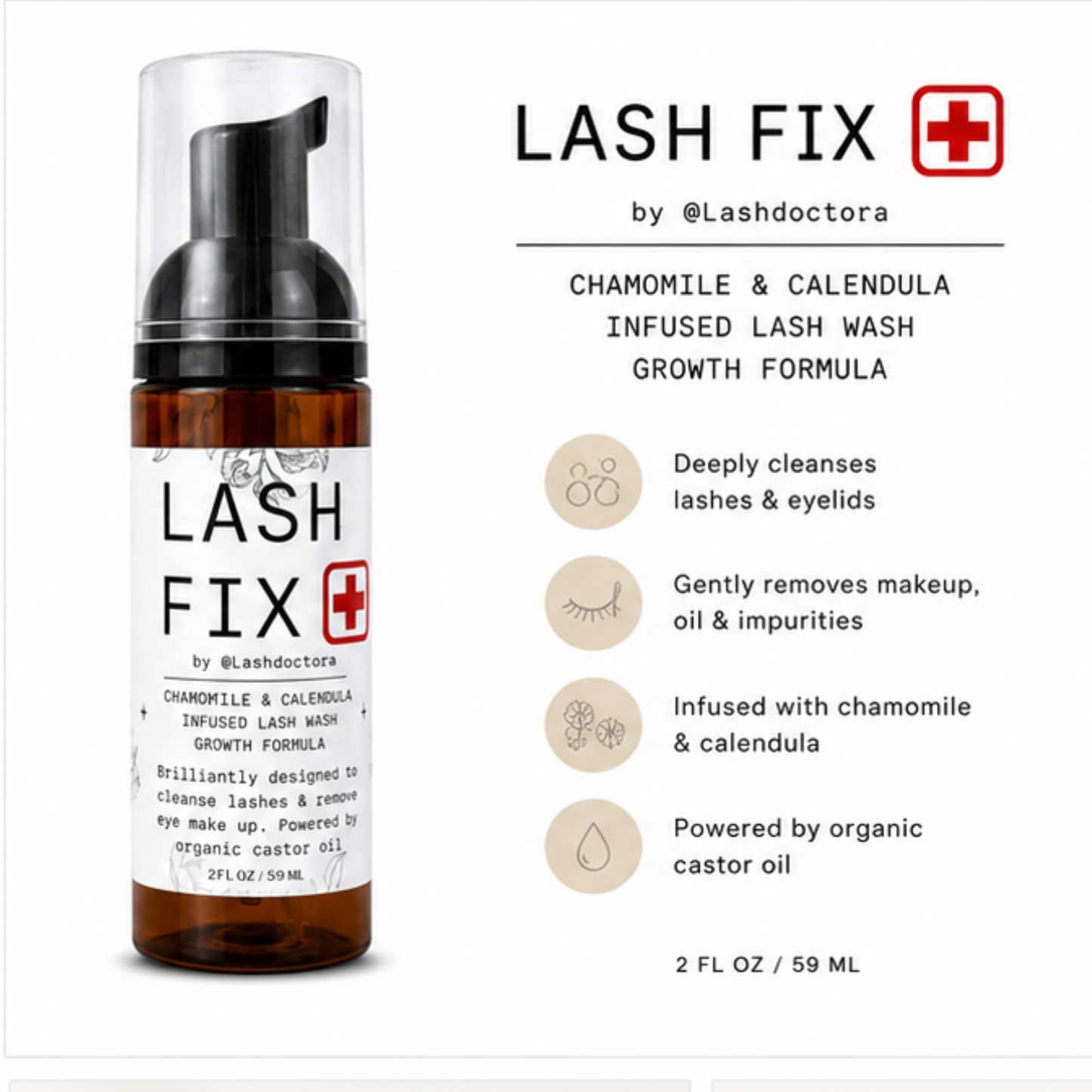 Eyelash Extension Shampoo + Brush Foaming Lash Wash infused with Organic Chamomile & Calendula, powered by Organic Castor Oil 2oz