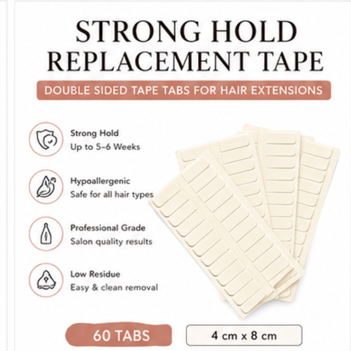 Double Sided Tape for Hair Extensions, Strong Hold Replacement Tape for Tape In Extensions 60 tabs 60 Tabs