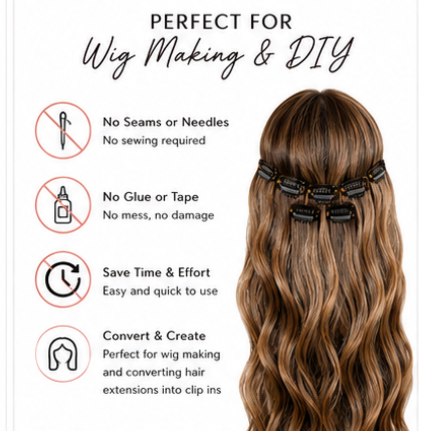 Snap On Wig Clips No Seams or Needles Wig Making DIY Convert Hair Extensions into Clip Ins 16 pieces