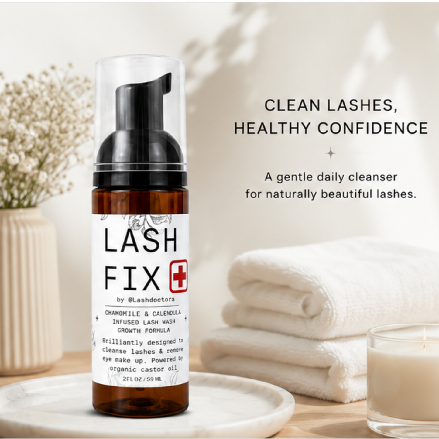 Eyelash Extension Shampoo + Brush Foaming Lash Wash infused with Organic Chamomile & Calendula, powered by Organic Castor Oil 2oz